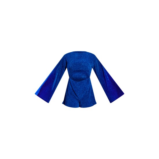 Bright Blue Glitter Plisse Flare Sleeve Cut Out Romper Bright Blue Glitter Plisse Flare Sleeve Cut Out Romper