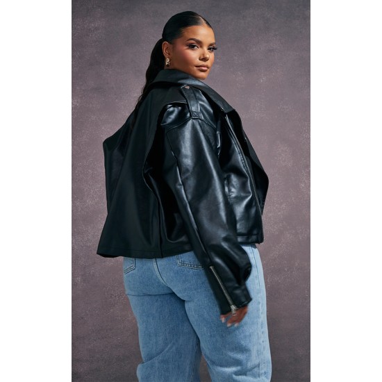 Plus Black Faux Leather Contrast Quilted Lining Oversized Biker Jacket Plus Black Faux Leather Contrast Quilted Lining Oversized Biker Jacket