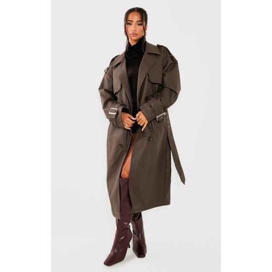 Petite Chocolate Faux Leather Buckle Trench Coat Petite Chocolate Faux Leather Buckle Trench Coat