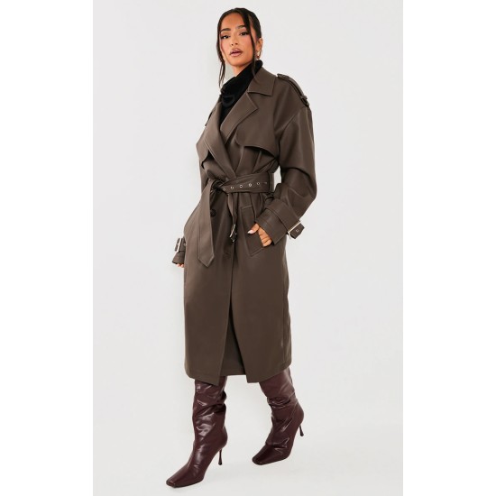 Petite Chocolate Faux Leather Buckle Trench Coat Petite Chocolate Faux Leather Buckle Trench Coat