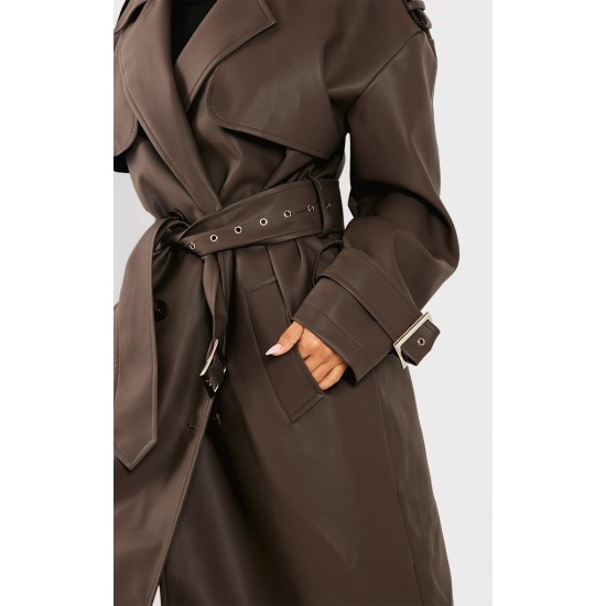 Petite Chocolate Faux Leather Buckle Trench Coat Petite Chocolate Faux Leather Buckle Trench Coat