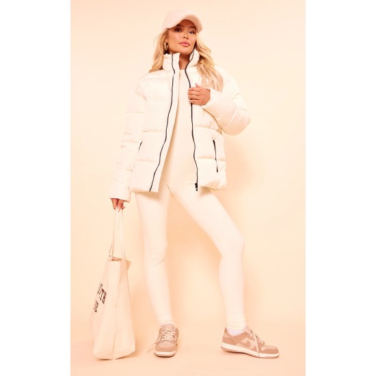 PRETTYLITTLETHING Off White Panelled High Neck Puffer Coat PRETTYLITTLETHING Off White Panelled High Neck Puffer Coat