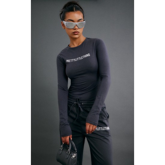 PRETTYLITTLETHING Charcoal Logo Print Long Sleeve Bodysuit PRETTYLITTLETHING Charcoal Logo Print Long Sleeve Bodysuit