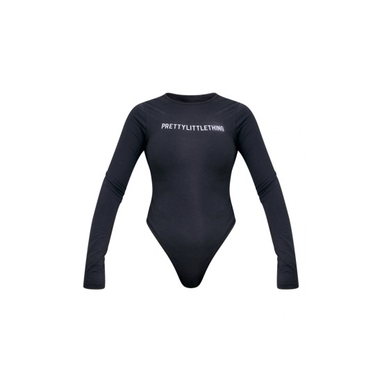 PRETTYLITTLETHING Charcoal Logo Print Long Sleeve Bodysuit PRETTYLITTLETHING Charcoal Logo Print Long Sleeve Bodysuit