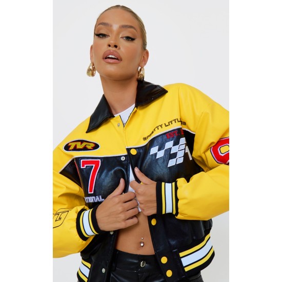 PRETTYLITTLETHING Yellow Faux Leather Motocross Racer Bomber Jacket PRETTYLITTLETHING Yellow Faux Leather Motocross Racer Bomber Jacket