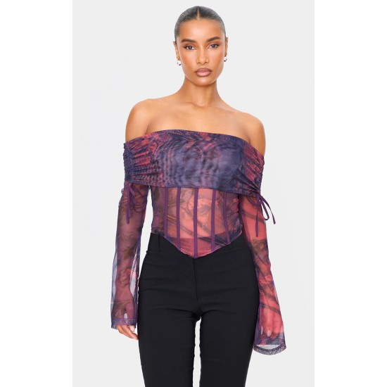 Purple Mesh Bardot Boning Corset Purple Mesh Bardot Boning Corset
