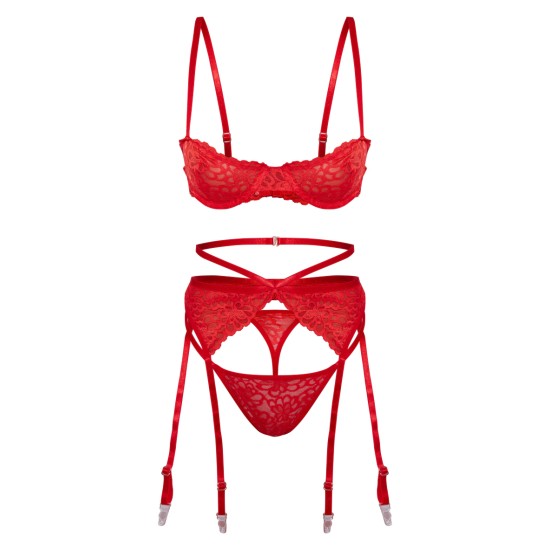 Red Floral Scalloped Edge Lace 3 Piece Lingerie Set Red Floral Scalloped Edge Lace 3 Piece Lingerie Set