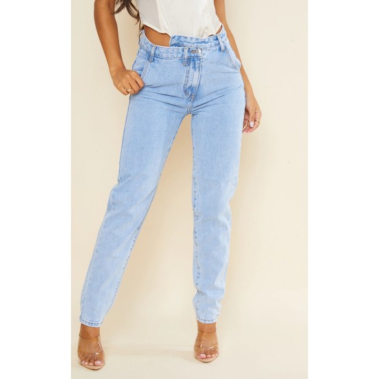 Light Blue Wash Asymmetric Waistband Long Straight Leg Jeans Light Blue Wash Asymmetric Waistband Long Straight Leg Jeans