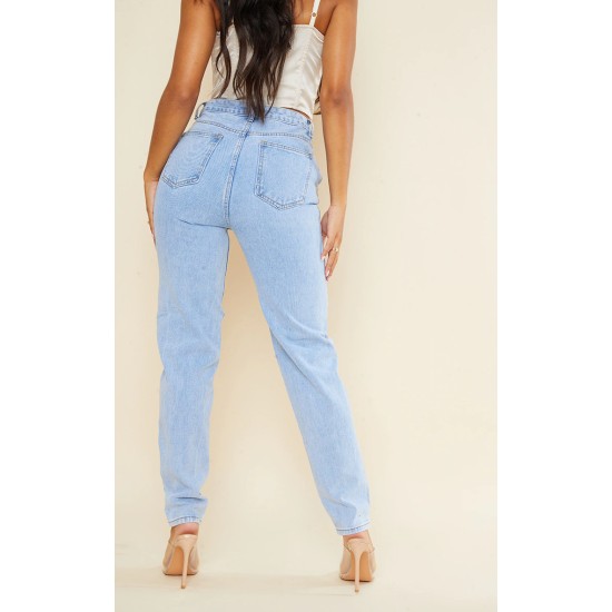 Light Blue Wash Asymmetric Waistband Long Straight Leg Jeans Light Blue Wash Asymmetric Waistband Long Straight Leg Jeans
