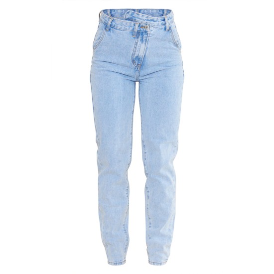 Light Blue Wash Asymmetric Waistband Long Straight Leg Jeans Light Blue Wash Asymmetric Waistband Long Straight Leg Jeans