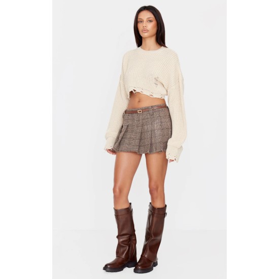 Oatmeal Chunky Knit Distressed Hem Crop Sweater Oatmeal Chunky Knit Distressed Hem Crop Sweater