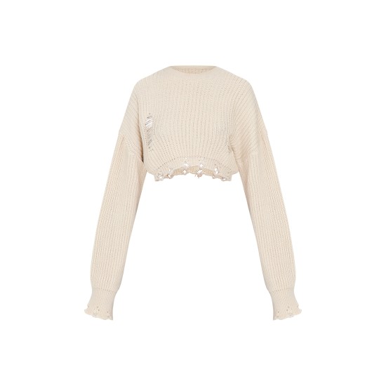 Oatmeal Chunky Knit Distressed Hem Crop Sweater Oatmeal Chunky Knit Distressed Hem Crop Sweater