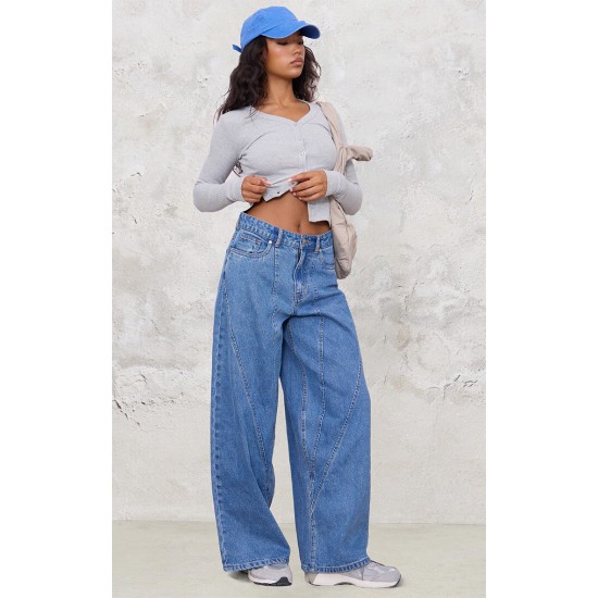 Mid Blue Wash Seam Detail Wide Leg Denim Jeans Mid Blue Wash Seam Detail Wide Leg Denim Jeans