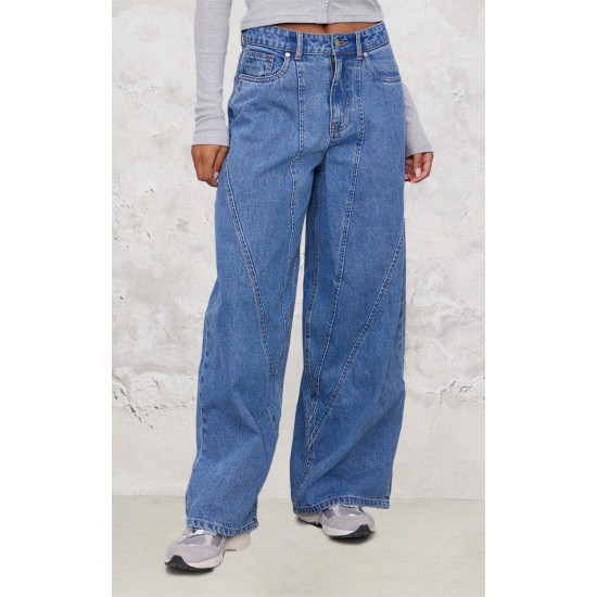 Mid Blue Wash Seam Detail Wide Leg Denim Jeans Mid Blue Wash Seam Detail Wide Leg Denim Jeans