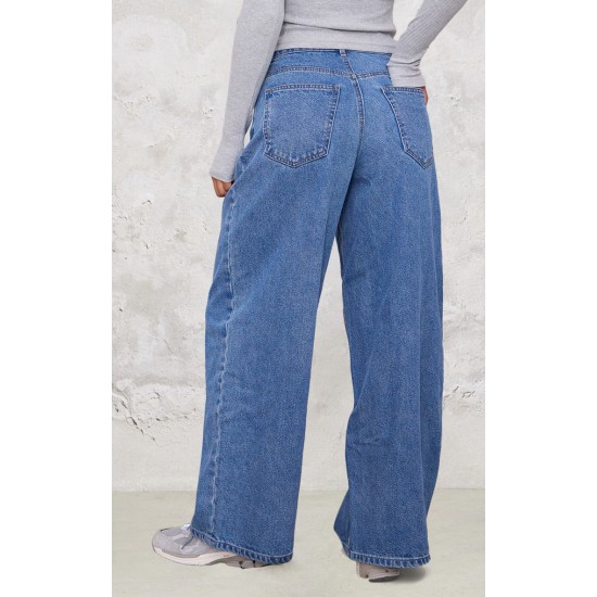 Mid Blue Wash Seam Detail Wide Leg Denim Jeans Mid Blue Wash Seam Detail Wide Leg Denim Jeans