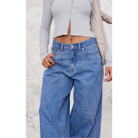 Mid Blue Wash Seam Detail Wide Leg Denim Jeans Mid Blue Wash Seam Detail Wide Leg Denim Jeans