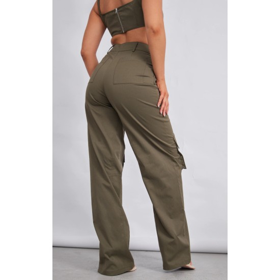 Khaki Twill Pocket Detail High Waist Cargo Pants Khaki Twill Pocket Detail High Waist Cargo Pants