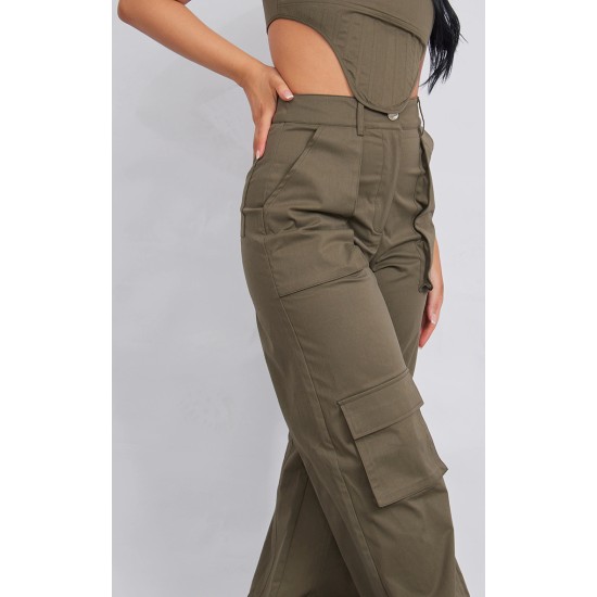 Khaki Twill Pocket Detail High Waist Cargo Pants Khaki Twill Pocket Detail High Waist Cargo Pants