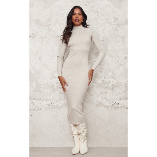 Stone Turtle Neck Knitted Bodycon Maxi Dress Stone Turtle Neck Knitted Bodycon Maxi Dress