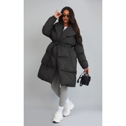 Maternity Black Oversized Collar Belted Longline Puffer Coat