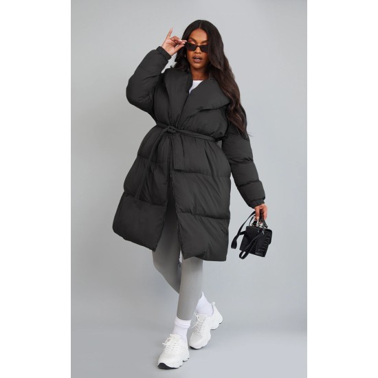Maternity Black Oversized Collar Belted Longline Puffer Coat Maternity Black Oversized Collar Belted Longline Puffer Coat