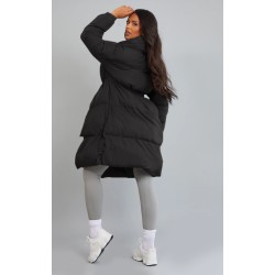 Maternity Black Oversized Collar Belted Longline Puffer Coat