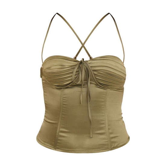 Olive Satin Pleated Bust Pointed Hem Corset Olive Satin Pleated Bust Pointed Hem Corset