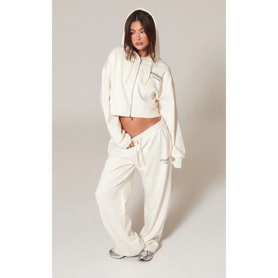 PRETTYLITTLETHING Cream Premium Print Zip Front Hoodie PRETTYLITTLETHING Cream Premium Print Zip Front Hoodie