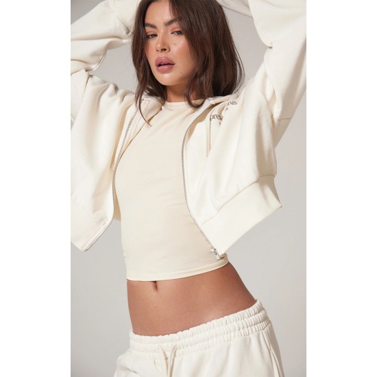 PRETTYLITTLETHING Cream Premium Print Zip Front Hoodie PRETTYLITTLETHING Cream Premium Print Zip Front Hoodie
