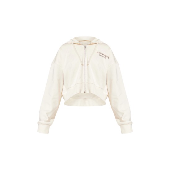 PRETTYLITTLETHING Cream Premium Print Zip Front Hoodie PRETTYLITTLETHING Cream Premium Print Zip Front Hoodie