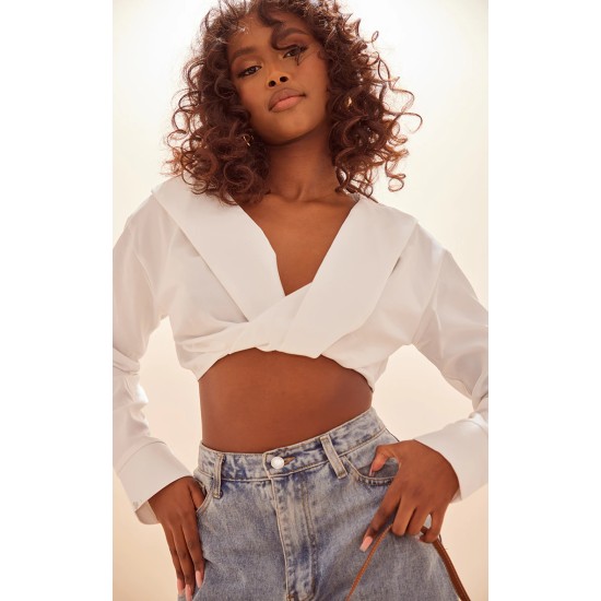 White Satin Bardot Twist Front Crop Blouse White Satin Bardot Twist Front Crop Blouse
