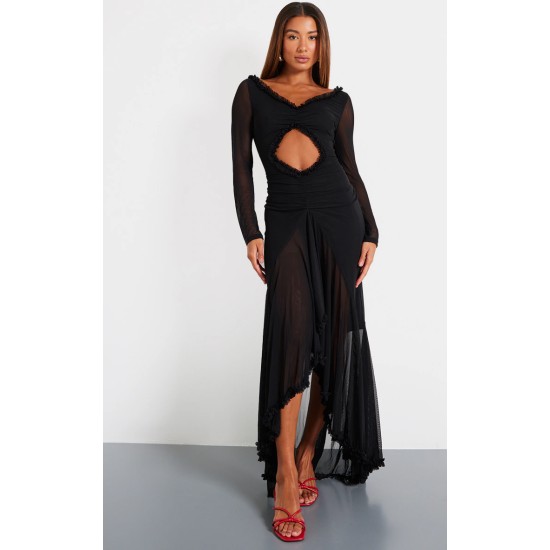 Black Mesh Long Sleeve Frill Detail Cut Out Maxi Dress Black Mesh Long Sleeve Frill Detail Cut Out Maxi Dress