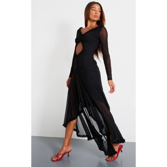 Black Mesh Long Sleeve Frill Detail Cut Out Maxi Dress Black Mesh Long Sleeve Frill Detail Cut Out Maxi Dress