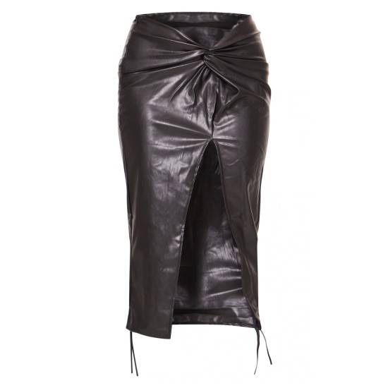 Black Faux Leather Twist Detail Front Midi Skirt Black Faux Leather Twist Detail Front Midi Skirt