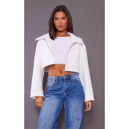 Cream Wool Look Pocket Detail Cropped Jacket Cream Wool Look Pocket Detail Cropped Jacket