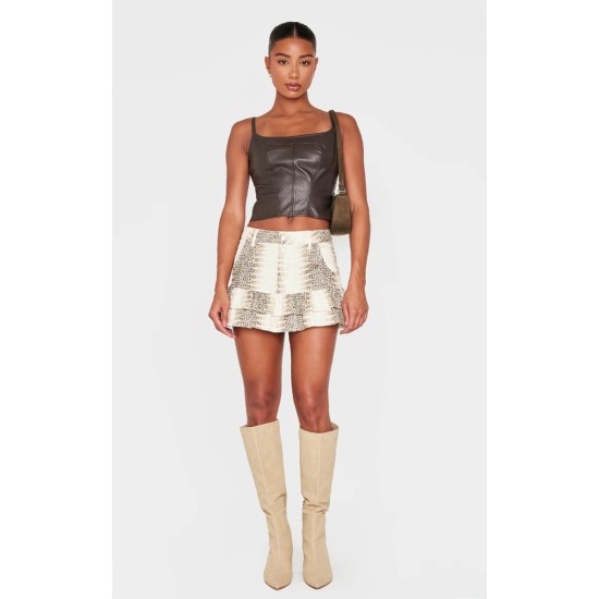Stone Snake Print Faux Leather Frill Hem Mini Skirt Stone Snake Print Faux Leather Frill Hem Mini Skirt