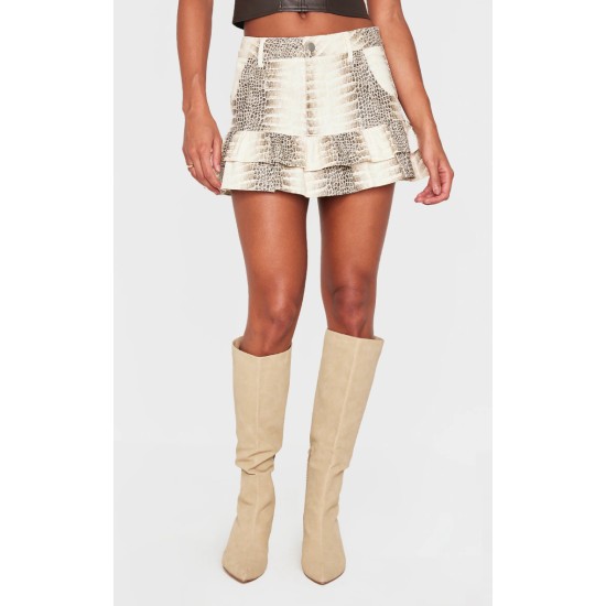 Stone Snake Print Faux Leather Frill Hem Mini Skirt Stone Snake Print Faux Leather Frill Hem Mini Skirt