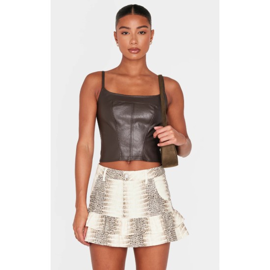 Stone Snake Print Faux Leather Frill Hem Mini Skirt Stone Snake Print Faux Leather Frill Hem Mini Skirt
