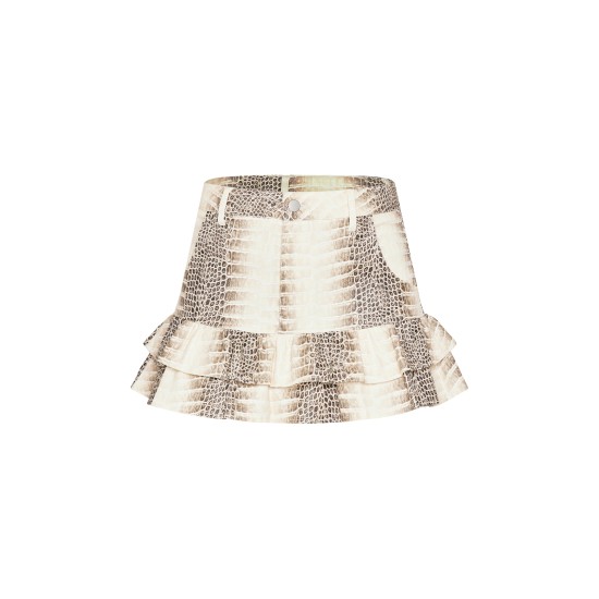 Stone Snake Print Faux Leather Frill Hem Mini Skirt Stone Snake Print Faux Leather Frill Hem Mini Skirt