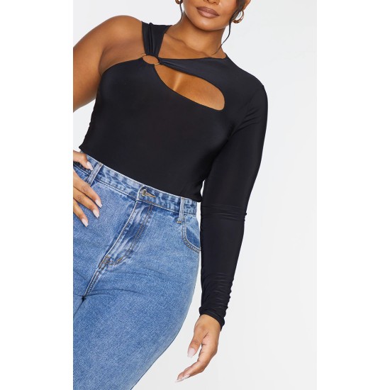 Plus Black Cut Out Ring Detail Long Sleeve Bodysuit Plus Black Cut Out Ring Detail Long Sleeve Bodysuit