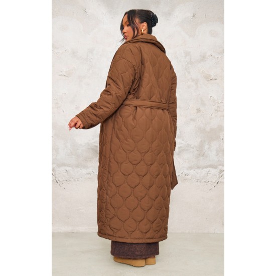 Plus Dark Brown Maxi Belted Quilted Coat Plus Dark Brown Maxi Belted Quilted Coat