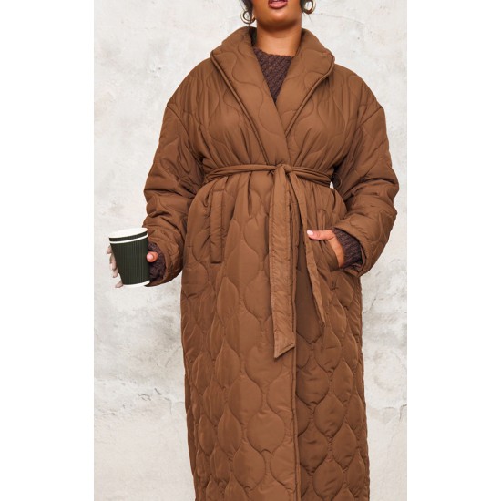 Plus Dark Brown Maxi Belted Quilted Coat Plus Dark Brown Maxi Belted Quilted Coat