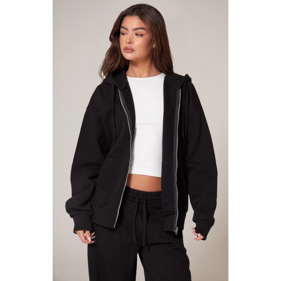 PRETTYLITTLETHING Black Premium Embroidered Zip Front Oversized Hoodie PRETTYLITTLETHING Black Premium Embroidered Zip Front Oversized Hoodie