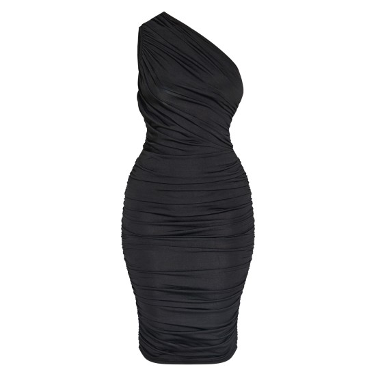 Petite Black Slinky Ruched One Shoulder Longline Midi Dr Petite Black Slinky Ruched One Shoulder Longline Midi Dr