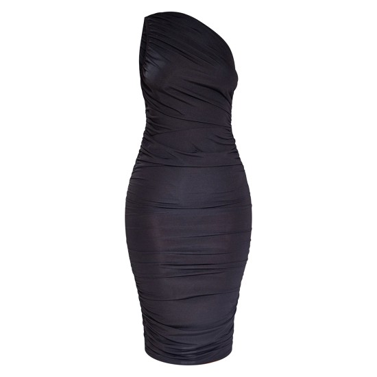 Petite Black Slinky Ruched One Shoulder Longline Midi Dr Petite Black Slinky Ruched One Shoulder Longline Midi Dr