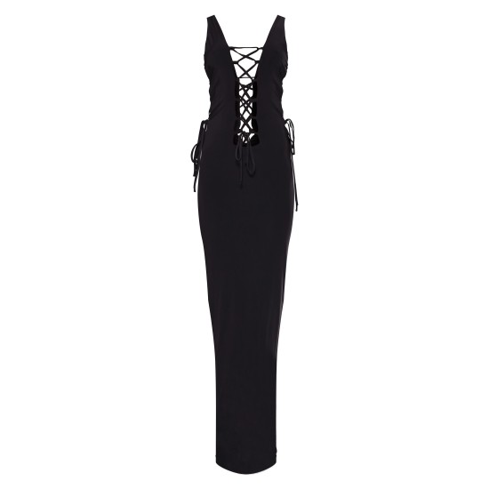 Petite Black Double Layer Lace Up Detail Maxi Dress Petite Black Double Layer Lace Up Detail Maxi Dress