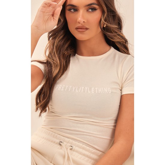 PRETTYLITTLETHING Off White Logo Short Sleeved Bodysuit PRETTYLITTLETHING Off White Logo Short Sleeved Bodysuit