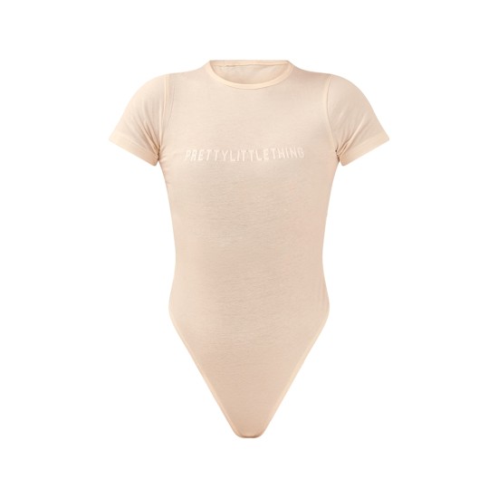 PRETTYLITTLETHING Off White Logo Short Sleeved Bodysuit PRETTYLITTLETHING Off White Logo Short Sleeved Bodysuit