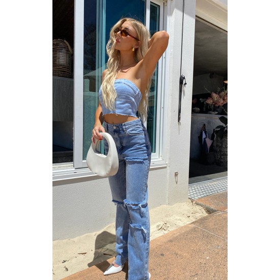 PRETTYLITTLETHING Light Blue Wash Ripped Long Leg Straight Jeans PRETTYLITTLETHING Light Blue Wash Ripped Long Leg Straight Jeans