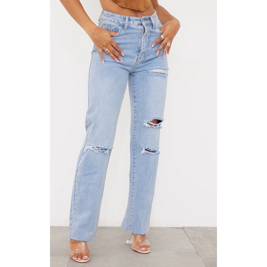 PRETTYLITTLETHING Light Blue Wash Ripped Long Leg Straight Jeans PRETTYLITTLETHING Light Blue Wash Ripped Long Leg Straight Jeans